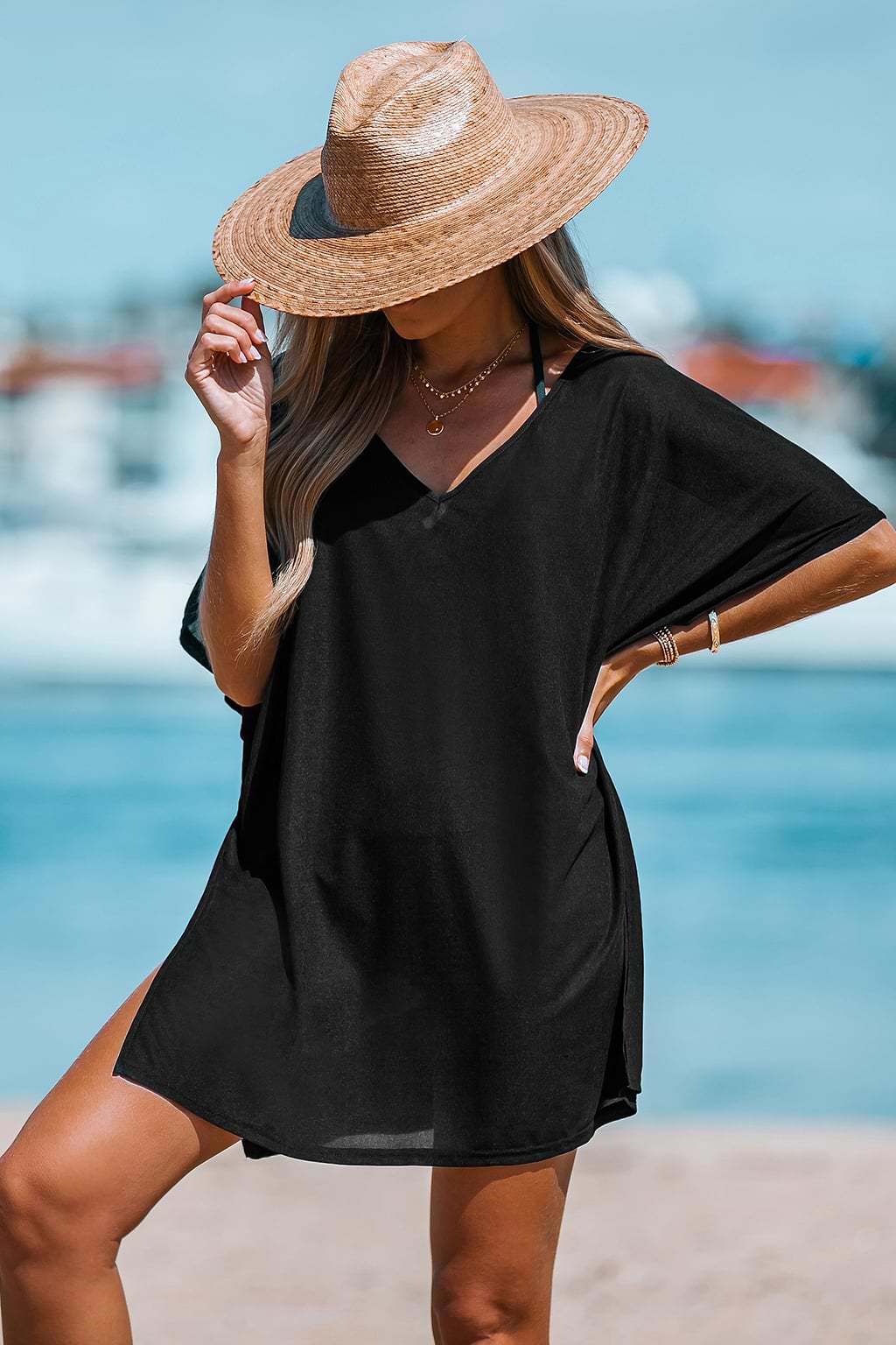 V-Neck Slit Mini Cover-Up Dress