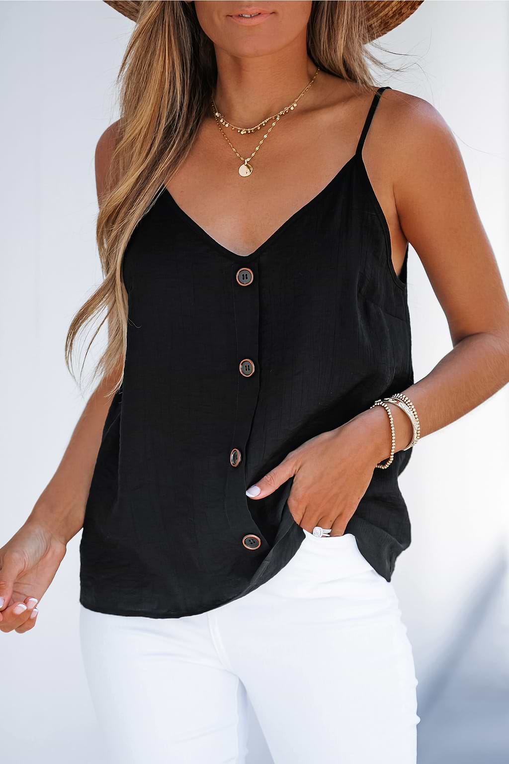 Black Buttoned V-Neck Cami