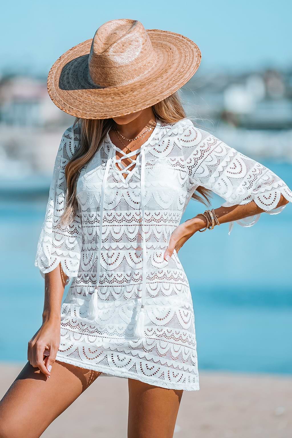 Sheer Mesh Lace-Up Cover-Up Dress