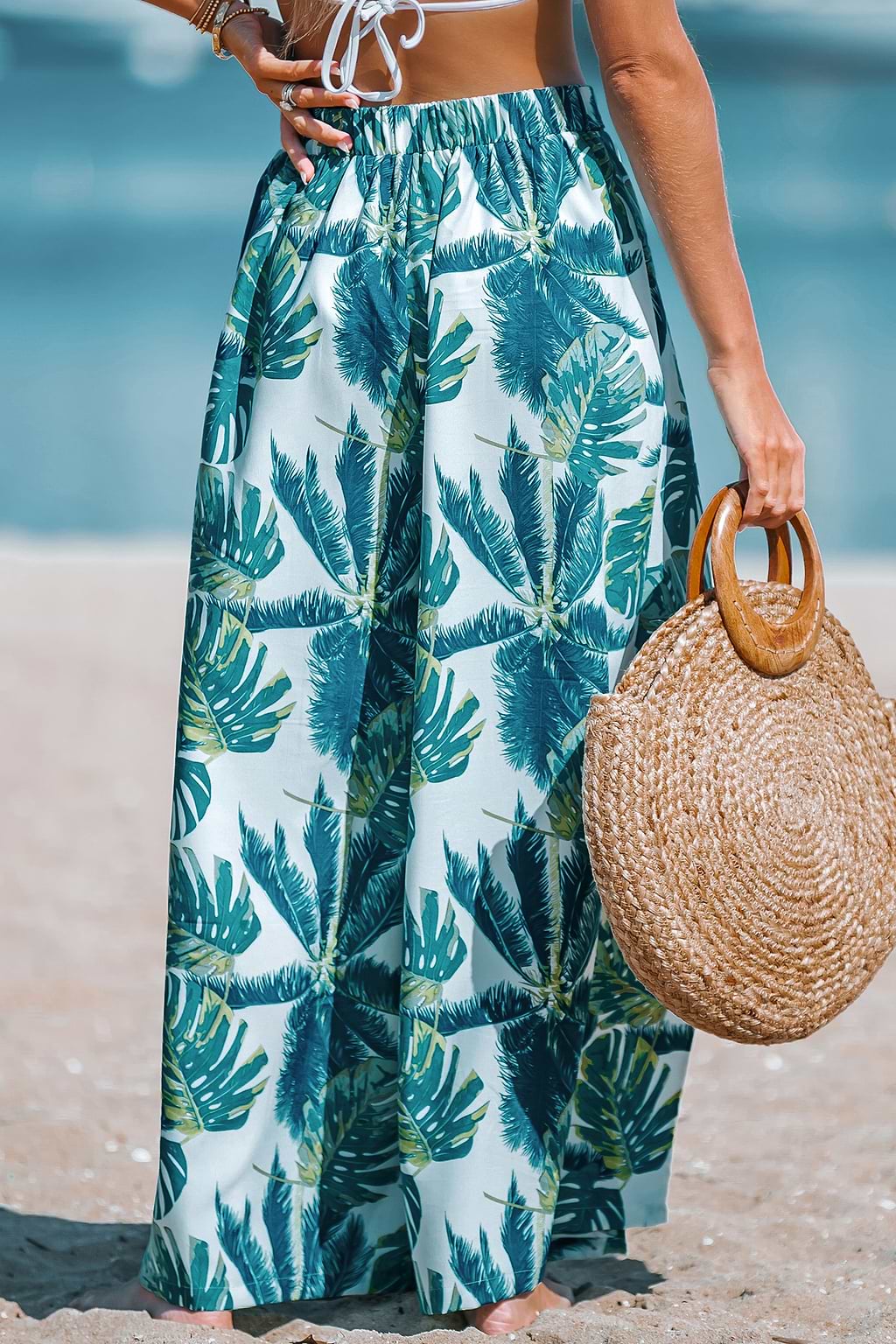 Belted Leaf Print Slit Pants