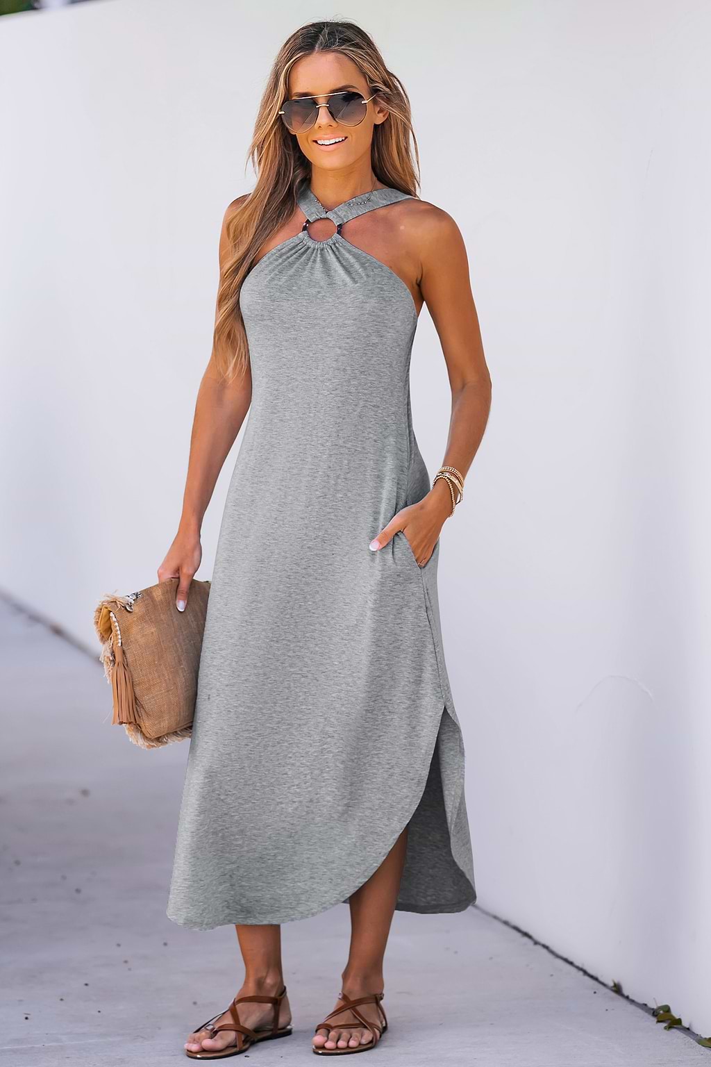 Backless O-Ring Halter Midi Dress