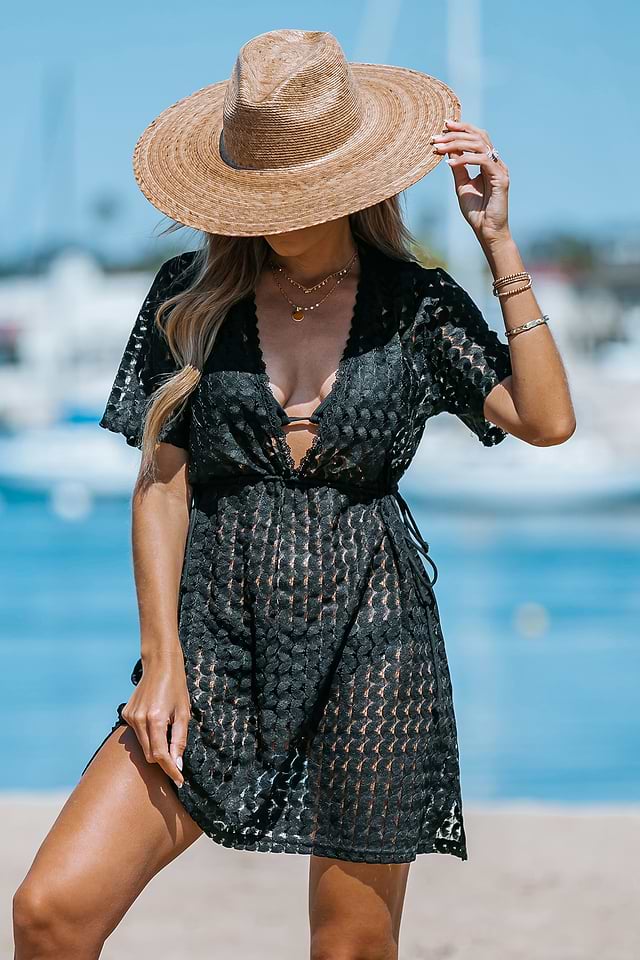 crochet mesh cover up dress Cover-Up Belted dresses enjoying a tropical vacation Grey Lace Scalloped V-neck Crochet tutorial Size:52 - 46 WAIST
