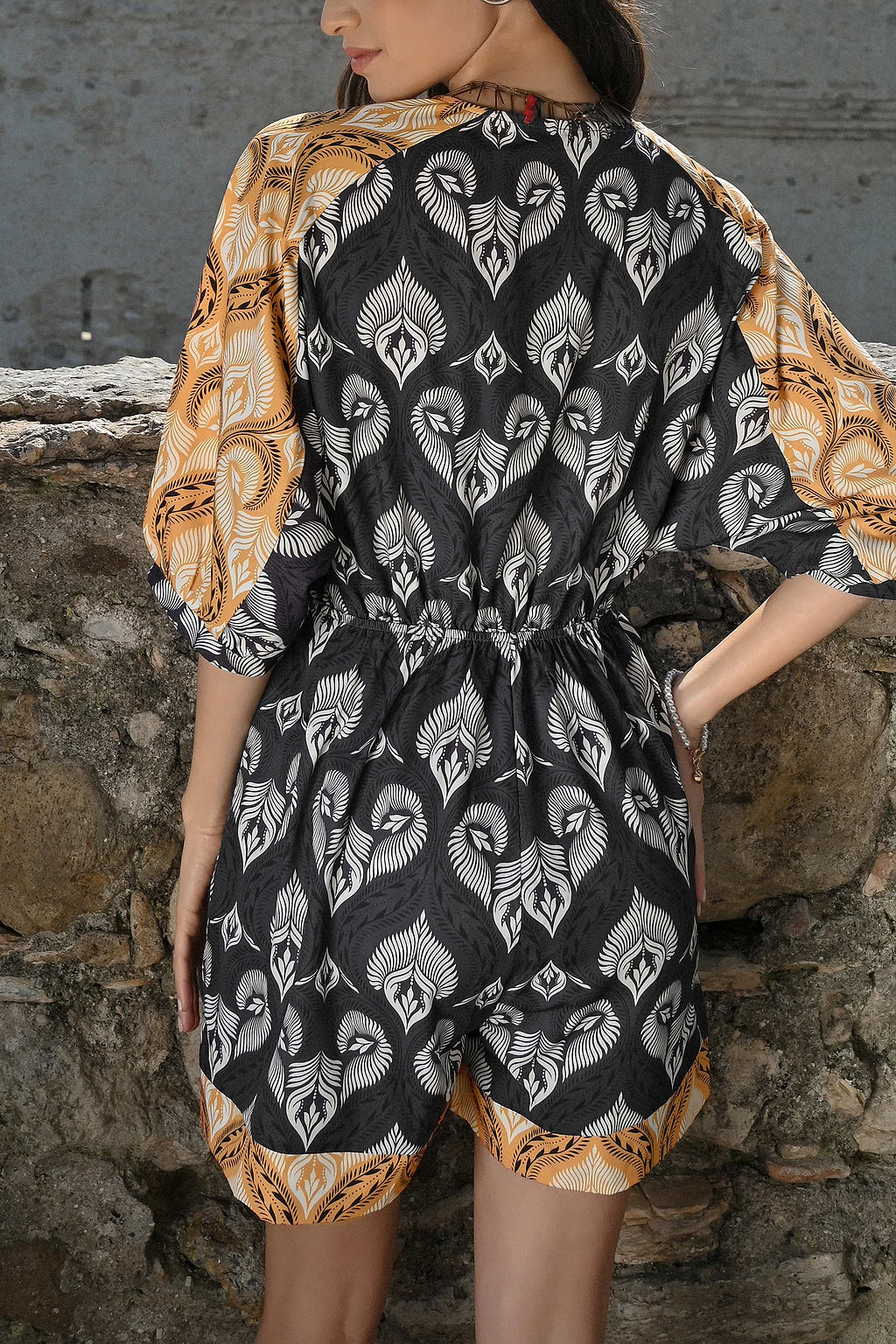 Abstract Leaf Print Drawstring Playsuit