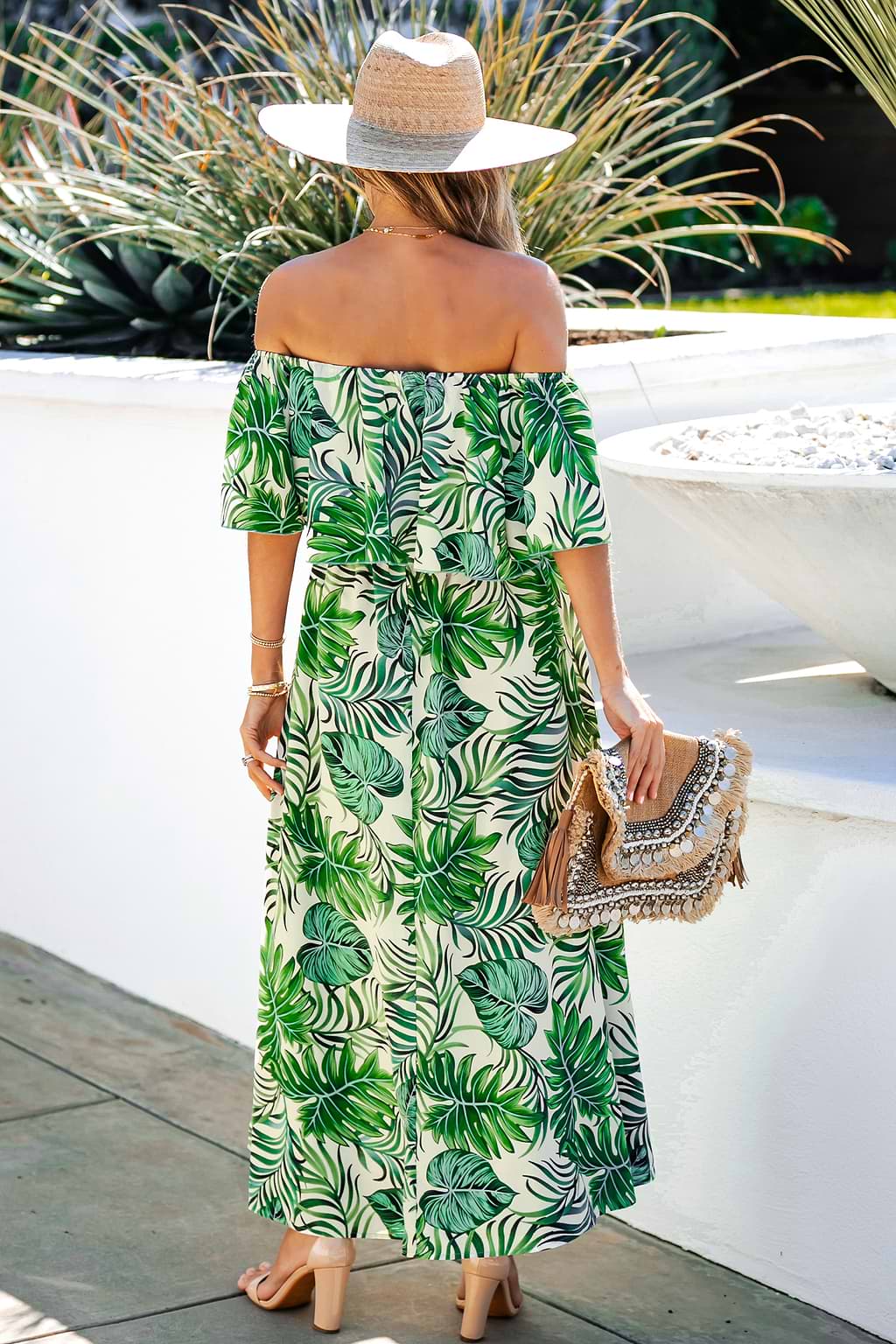 Tropical Leaf Print Off-the-Shoulder Dress