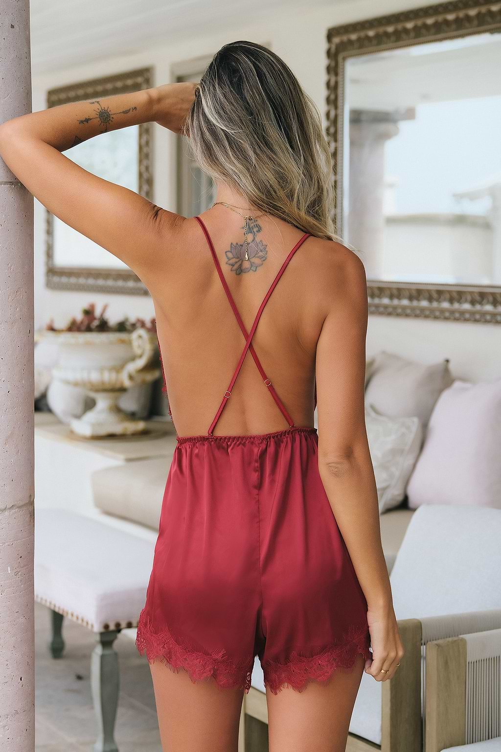 Satin Plunge Scalloped Lace Lingerie Romper