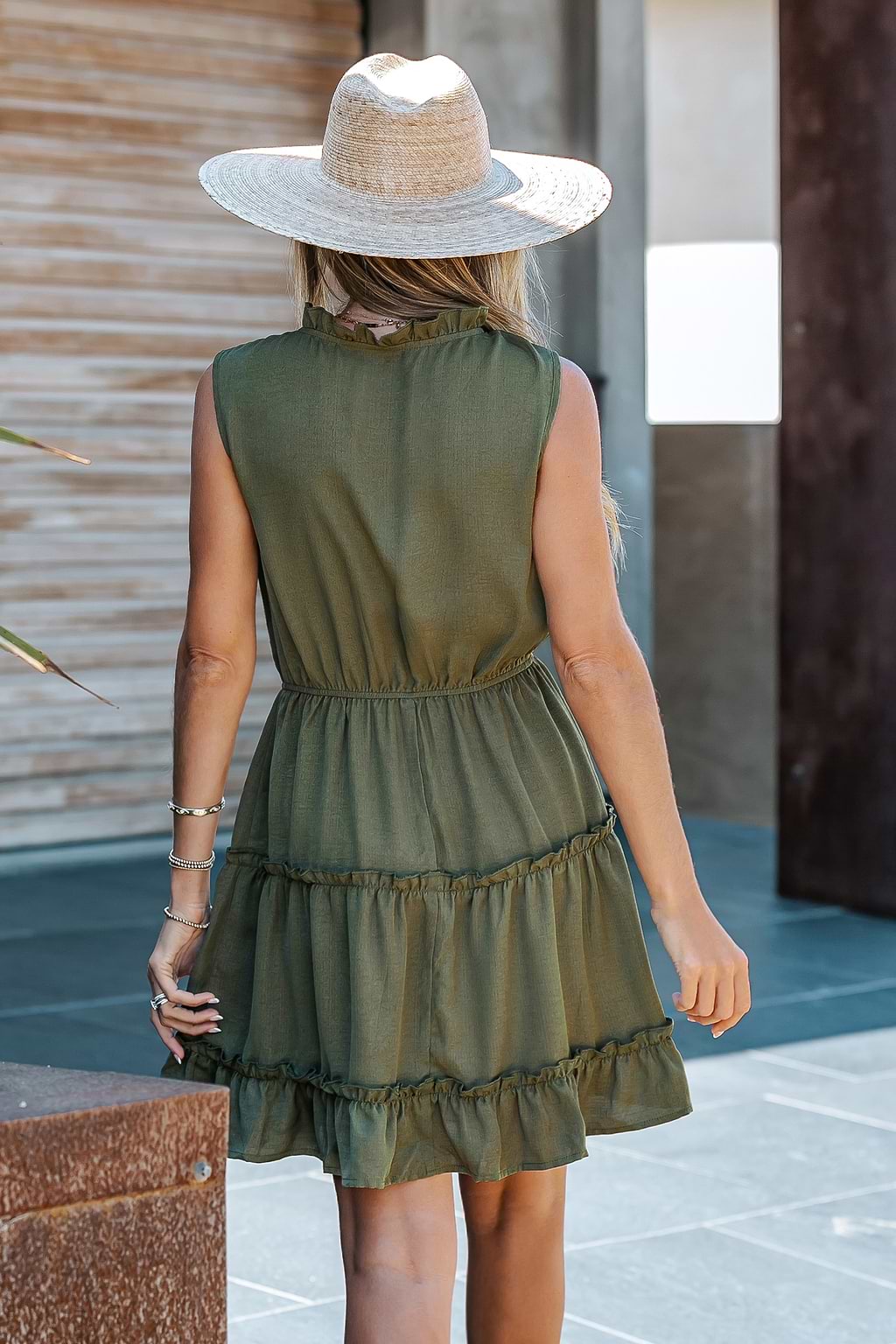 Split Neck Tiered Hem Mini Dress