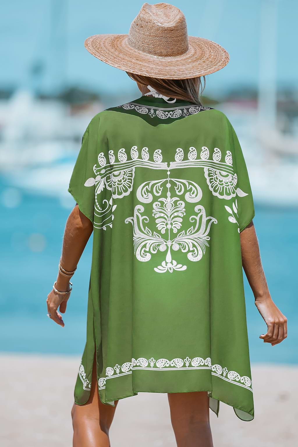Geo Print Open-Front Woven Green Cover-Up Kimono