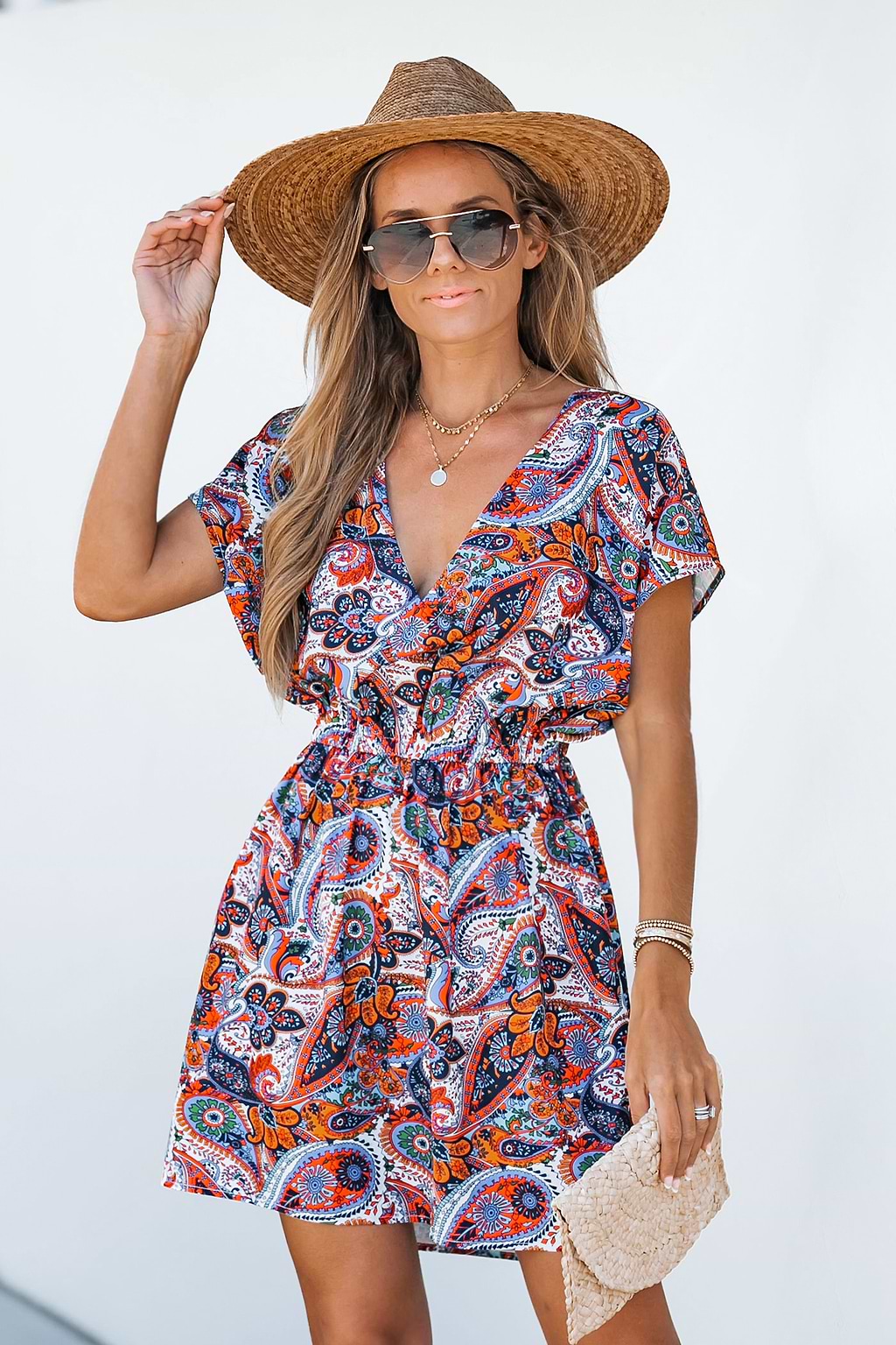 Paisley Print V-Neck Mini Dress