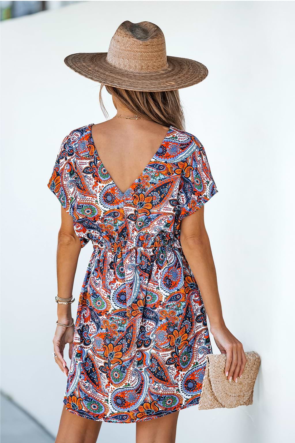 Paisley Print V-Neck Mini Dress