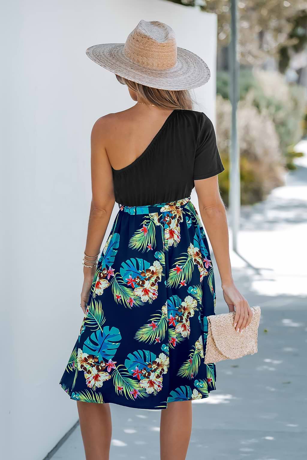 Tropical Leaf Print One-Shoulder Dress
