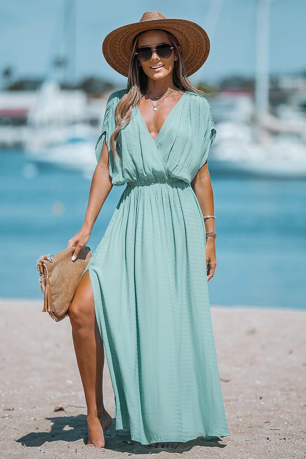 Surplice Neck Leg-Slit Dress