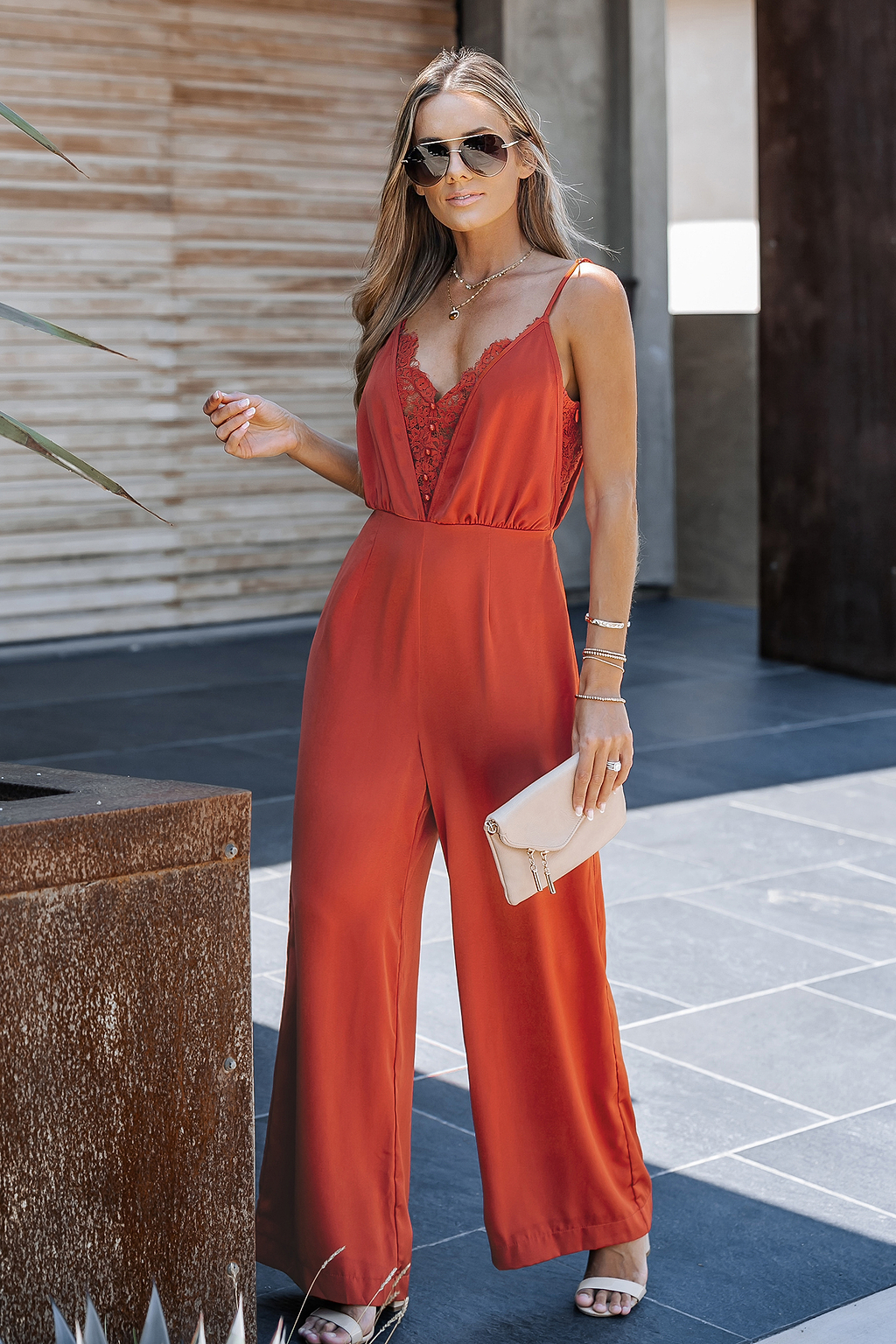 Satin V-Neck Lace Jumpsuit