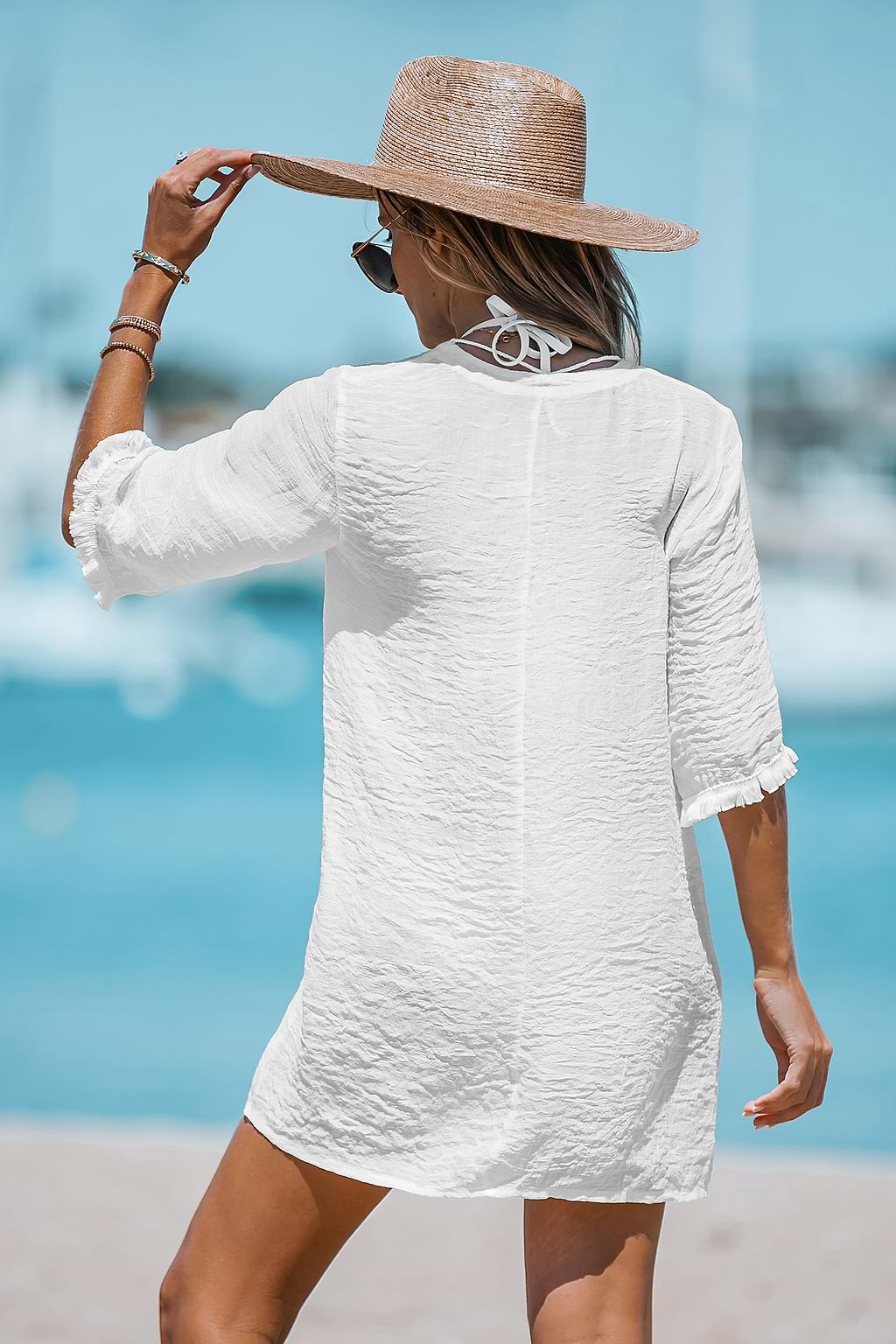 Plunge Lace-Up Mini Cover-Up Dress