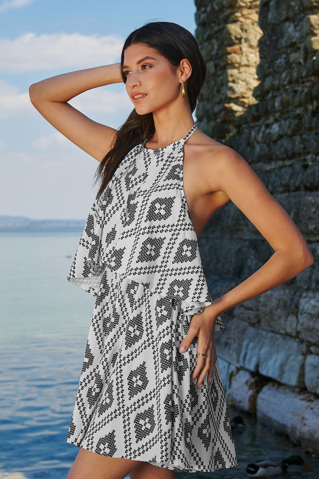Geo Print Flounce Halter Playsuit
