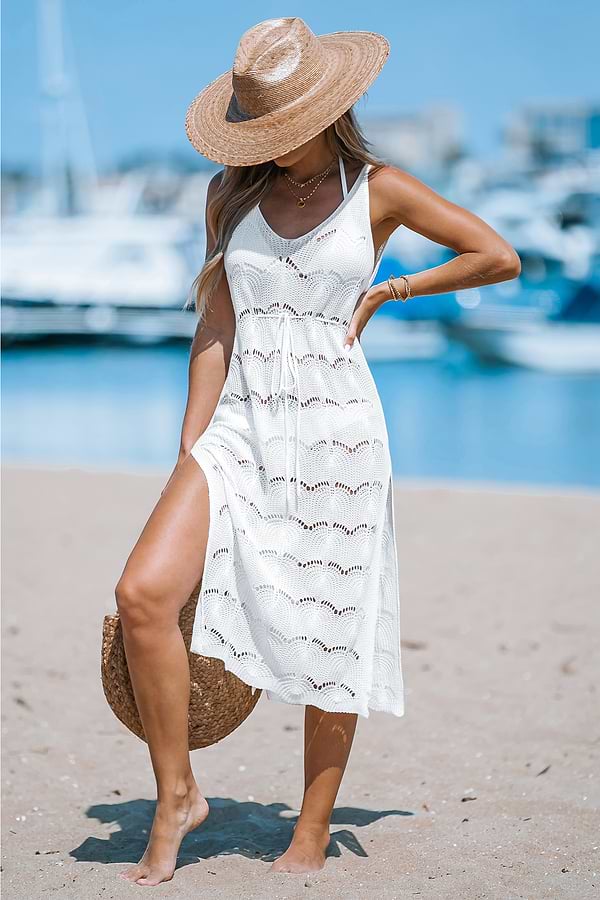 Crochet V-neck Drawstring Cover-Up Dress