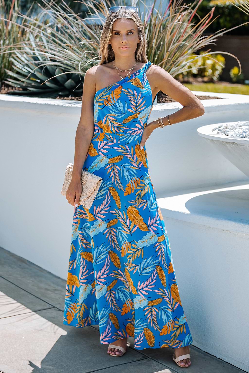 Tropical Leaf Print One-Shoulder Maxi Dress