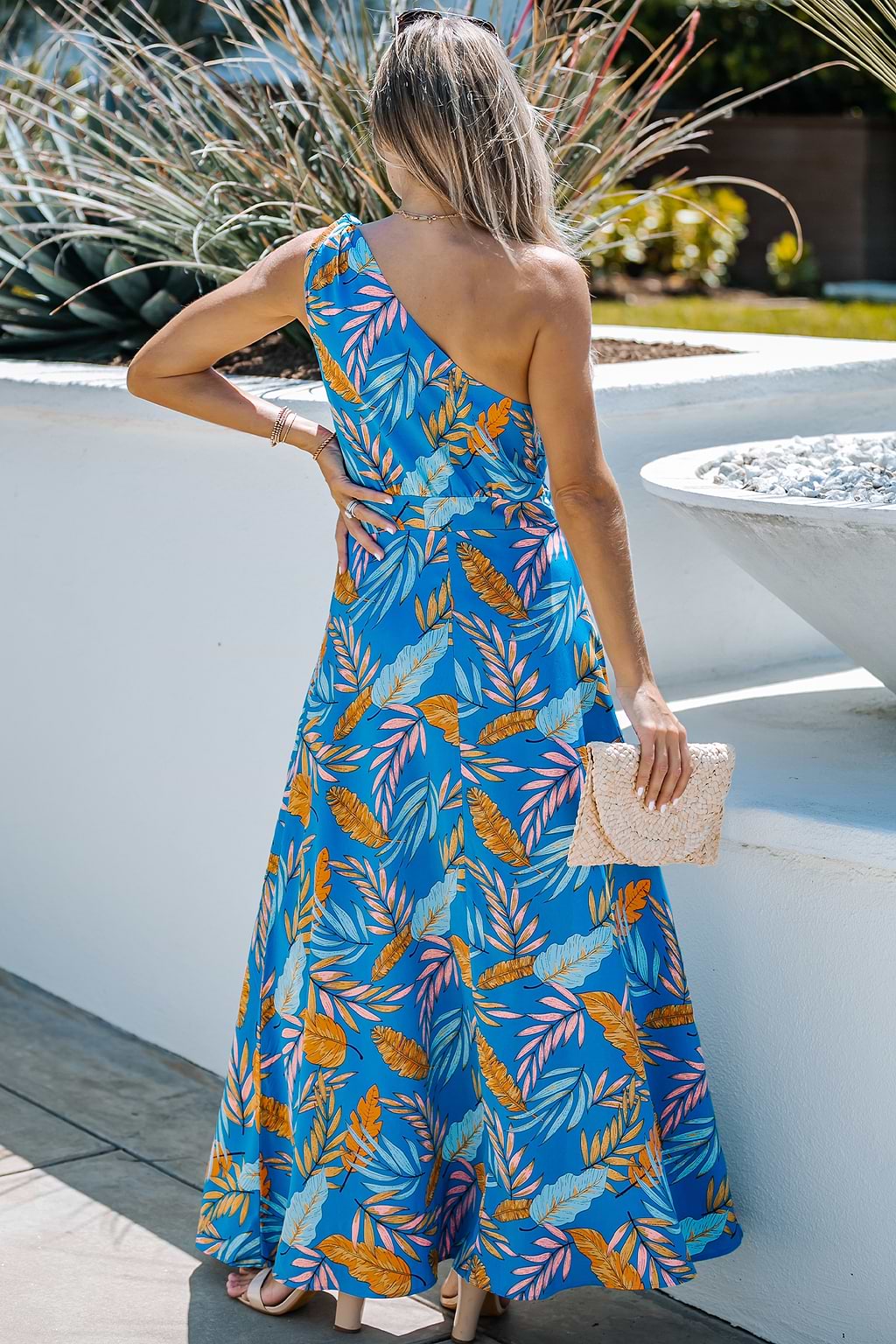 Tropical Leaf Print One-Shoulder Maxi Dress