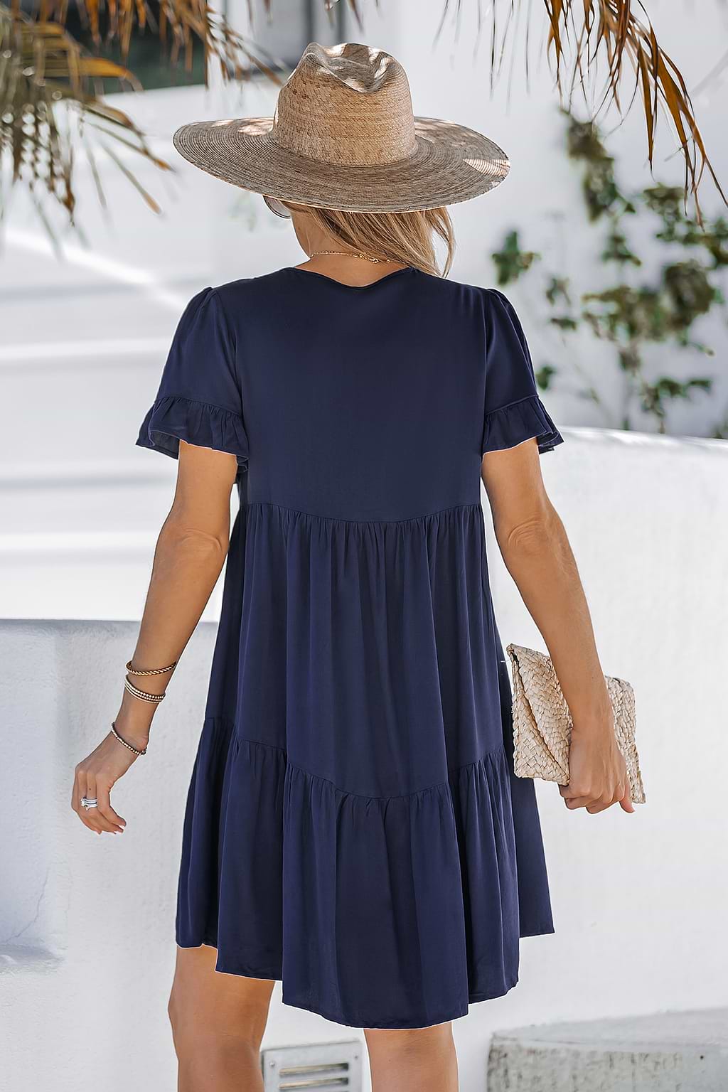 Tie Neck Button-Front Babydoll Dress