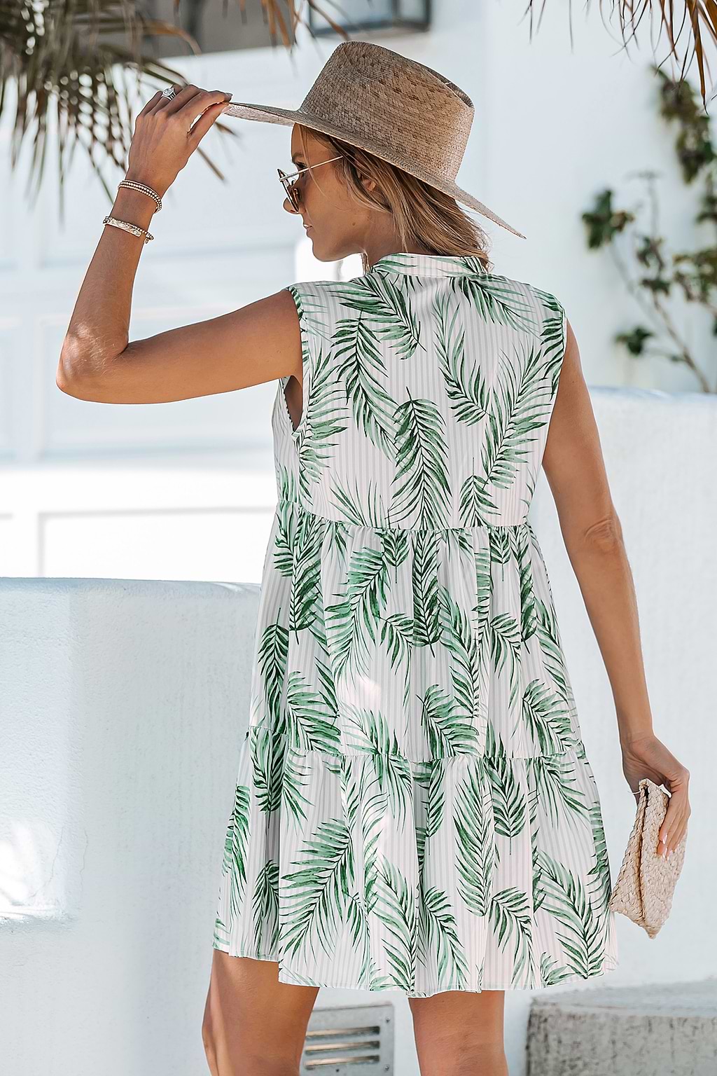 Tropical Leaf Print Striped Mini Dress