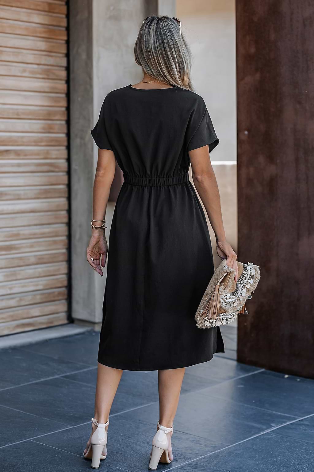 Buttoned V-Neck Midi Dress