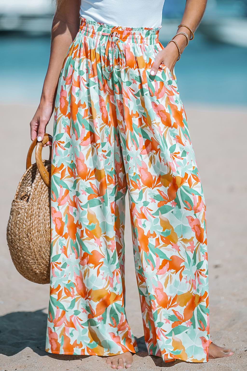 Floral Print Smocked Paperbag Pants