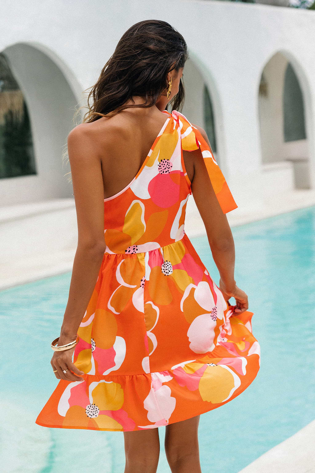 Floral Print Bow One Shoulder Dress