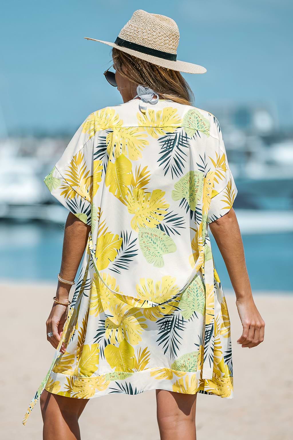 Tropical Leaf Print Belted Cover-Up Kimono