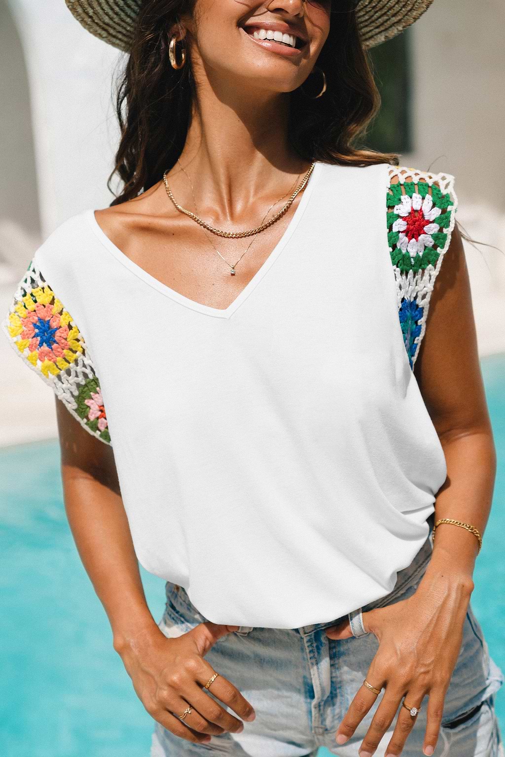 Bloemen gehaakt mouw T-shirt