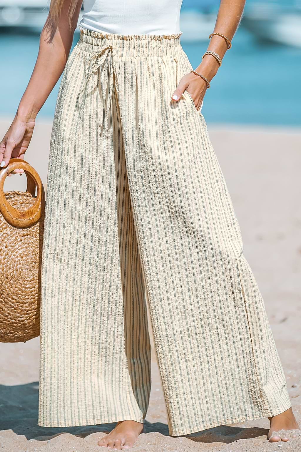 Striped Smocked Paperbag Pants