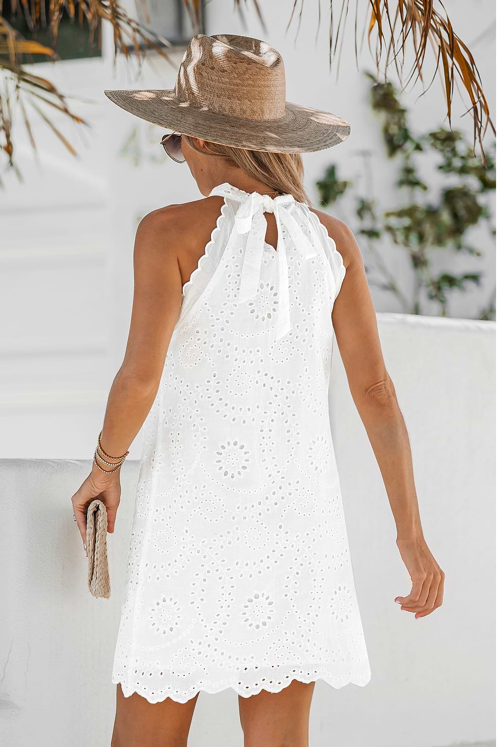 Floral Eyelet Halter Mini Dress