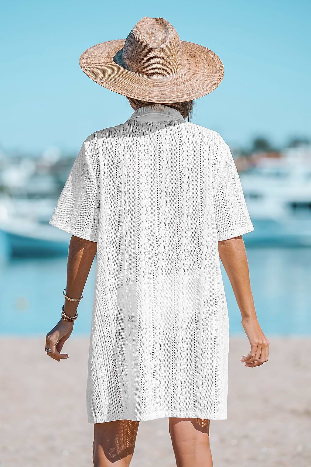 Crochet Buttoned Cover-Up Shirt Dress