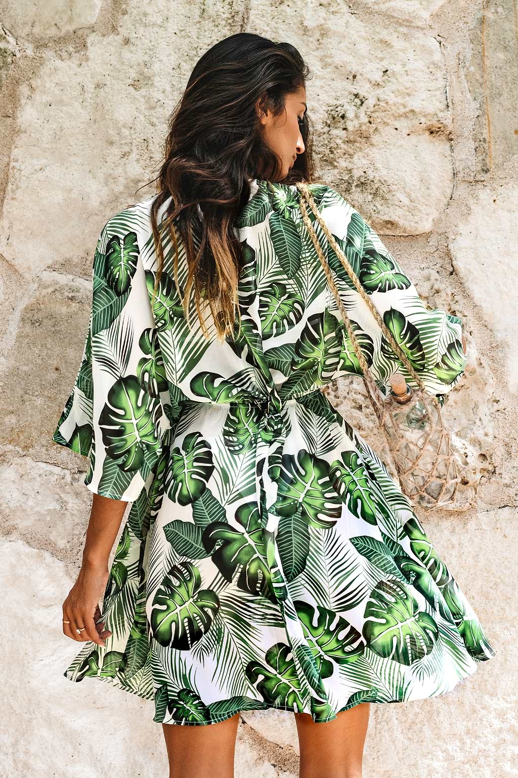 Tropical Leaf Drawstring Cover-Up Dress