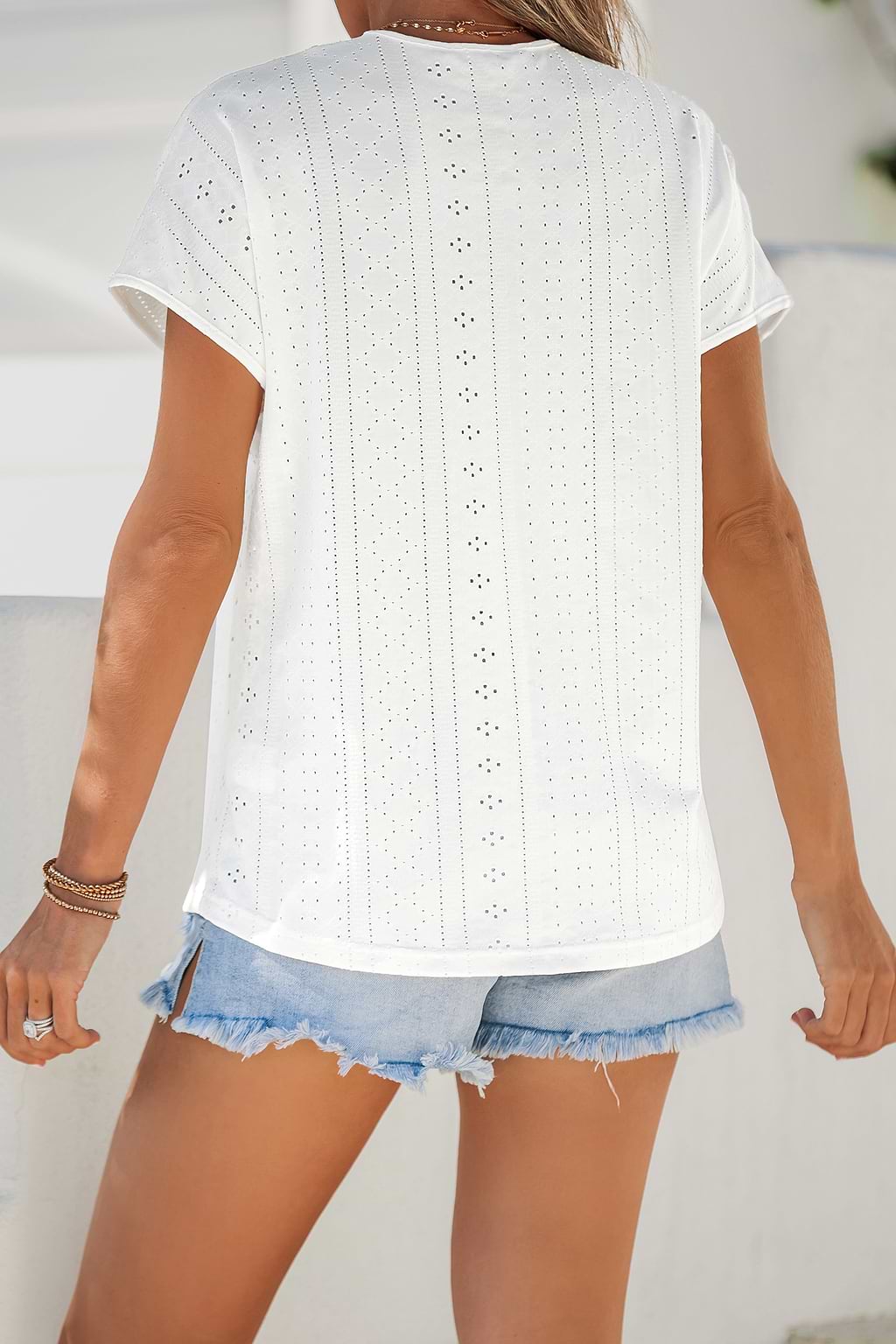 Rainbow Lace Trim Eyelet Top