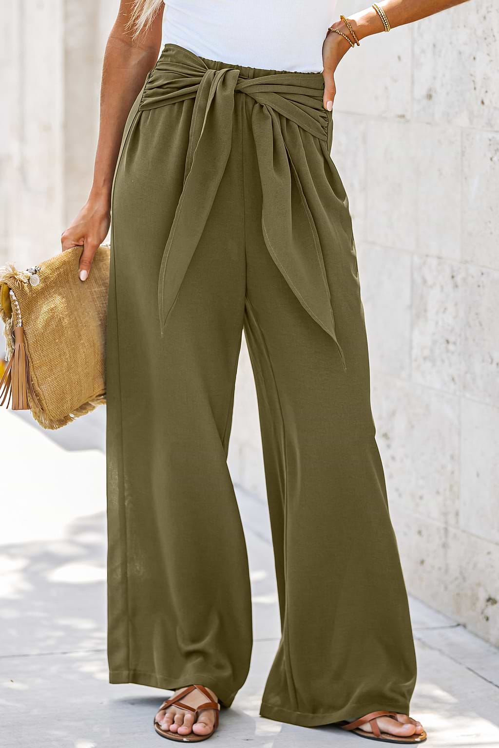 Ruched Sash Belt High Waist Pants