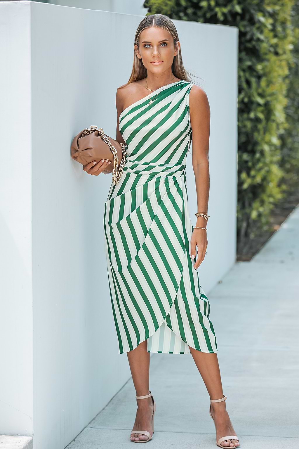 Striped One-Shoulder Ruched Midi Dress