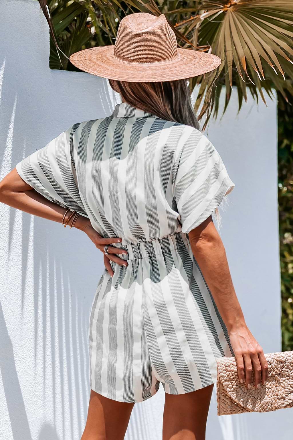 Striped Basic Collar Romper