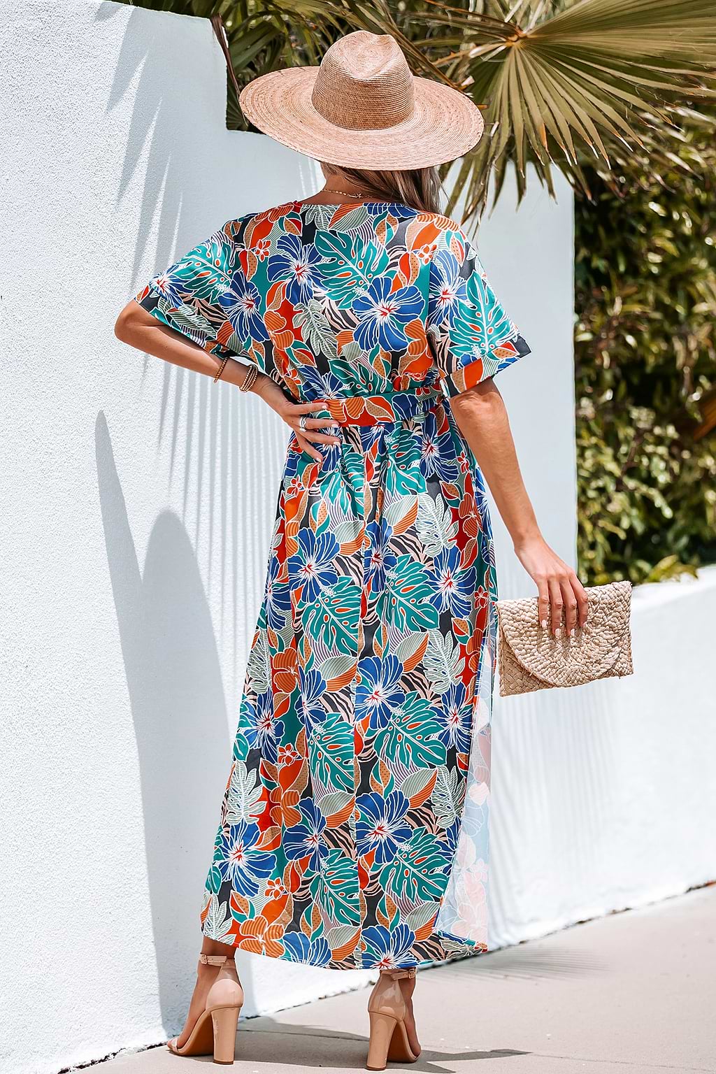 Belted Tropical Floral Print Maxi Dress