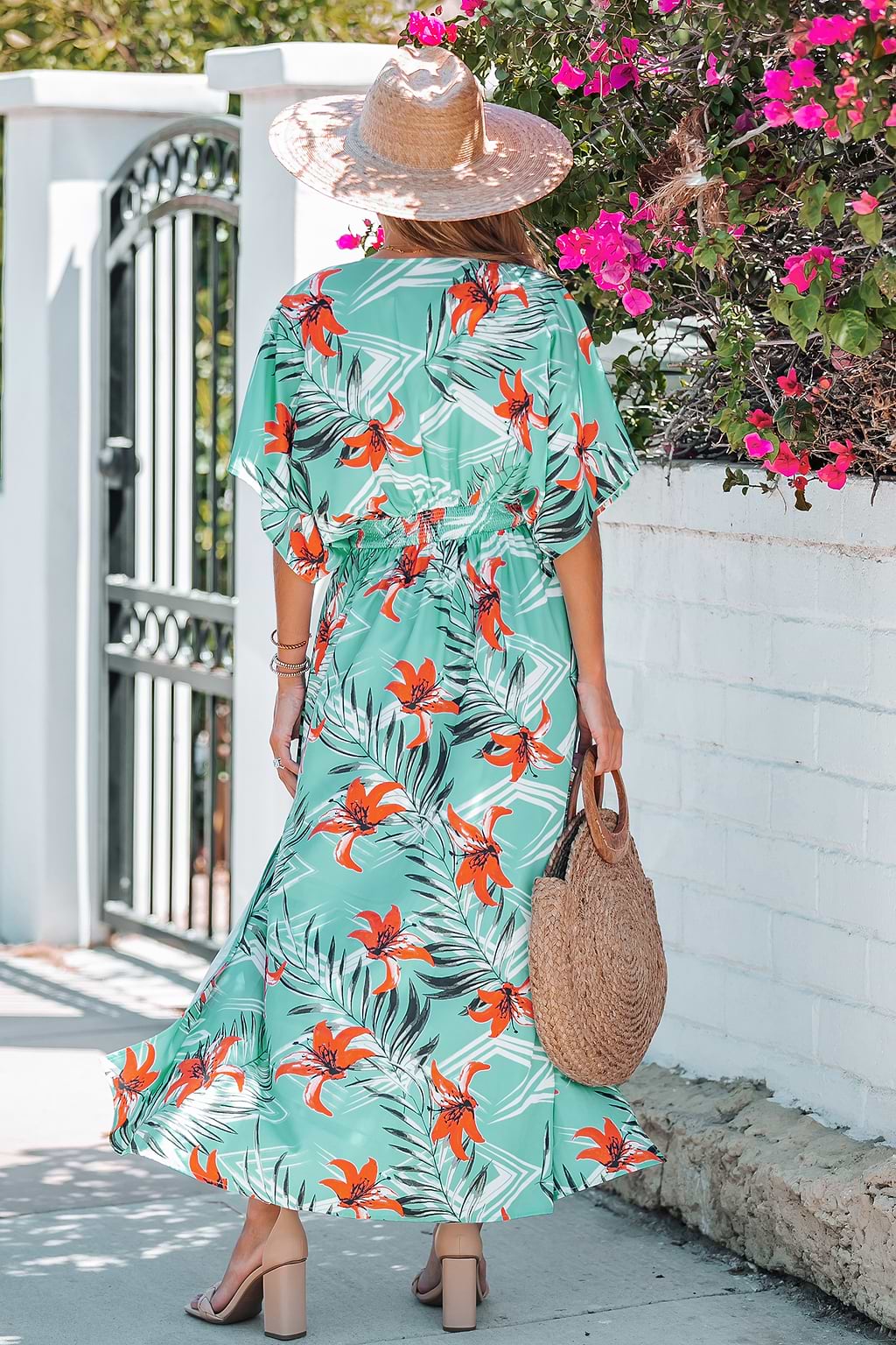 Tropical Floral Leaf Print Maxi Dress
