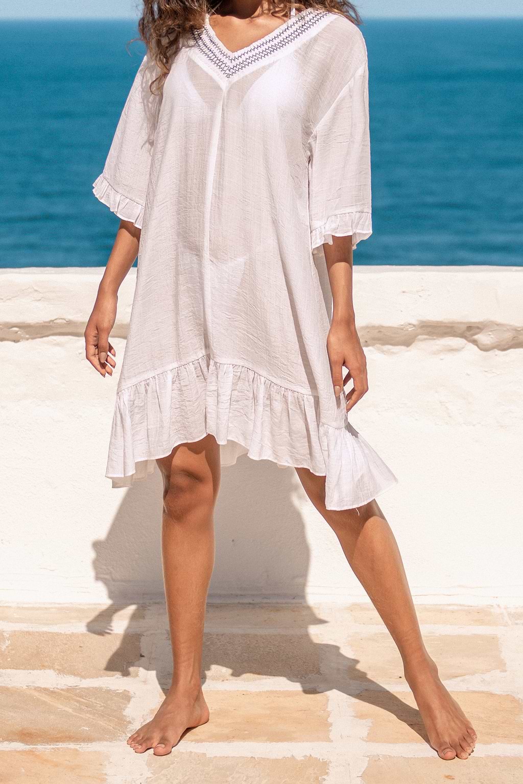 Stitching V-Neck Flounce Cover-Up Dress