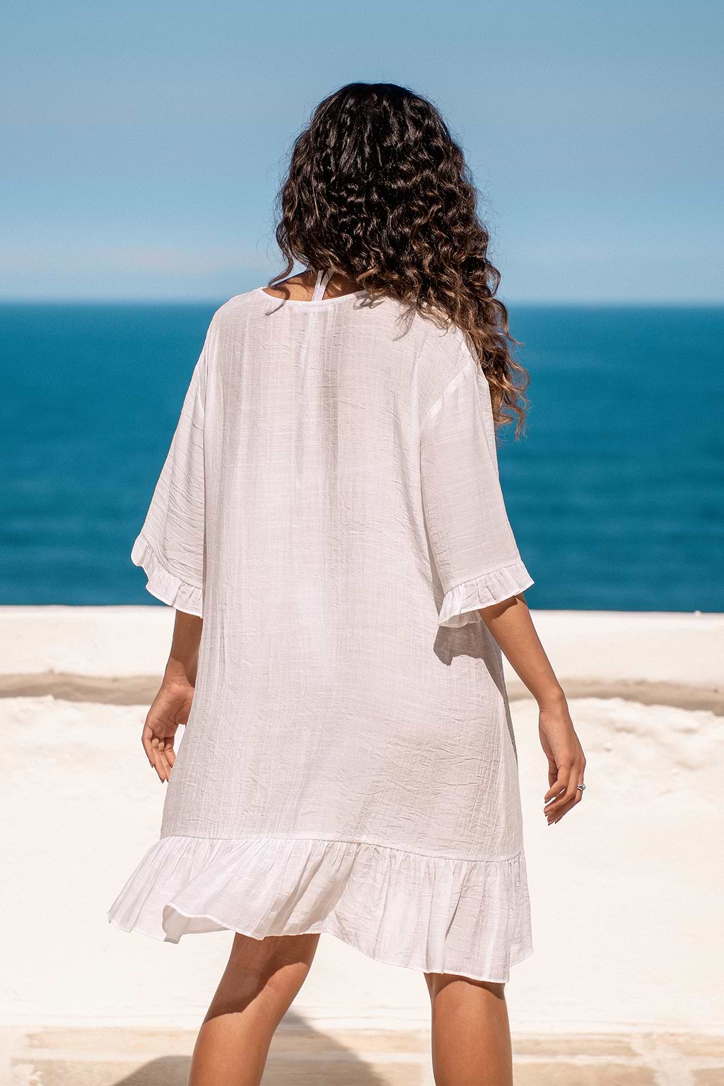 Stitching V-Neck Flounce Cover-Up Dress