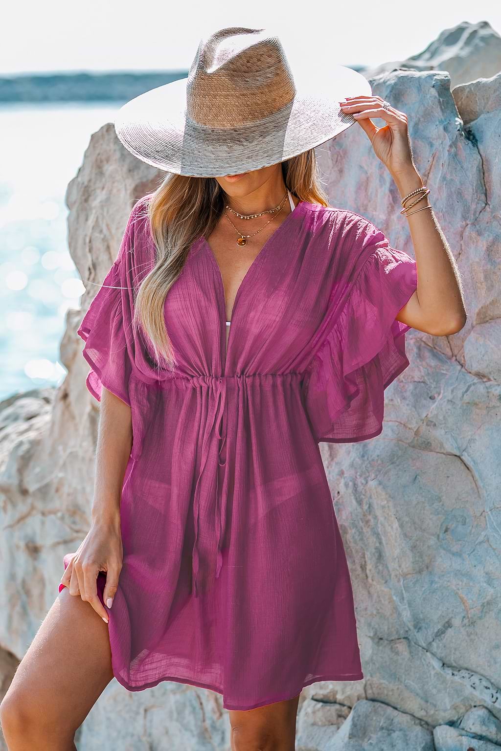 Hot Pink Drawstring Mini Cover-Up Dress