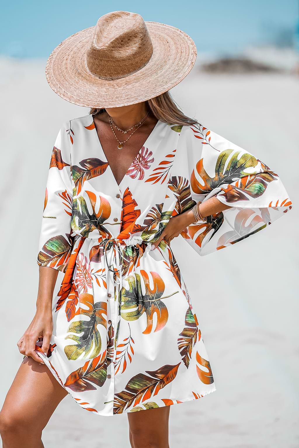 Tropical Floral Print Belted Dress