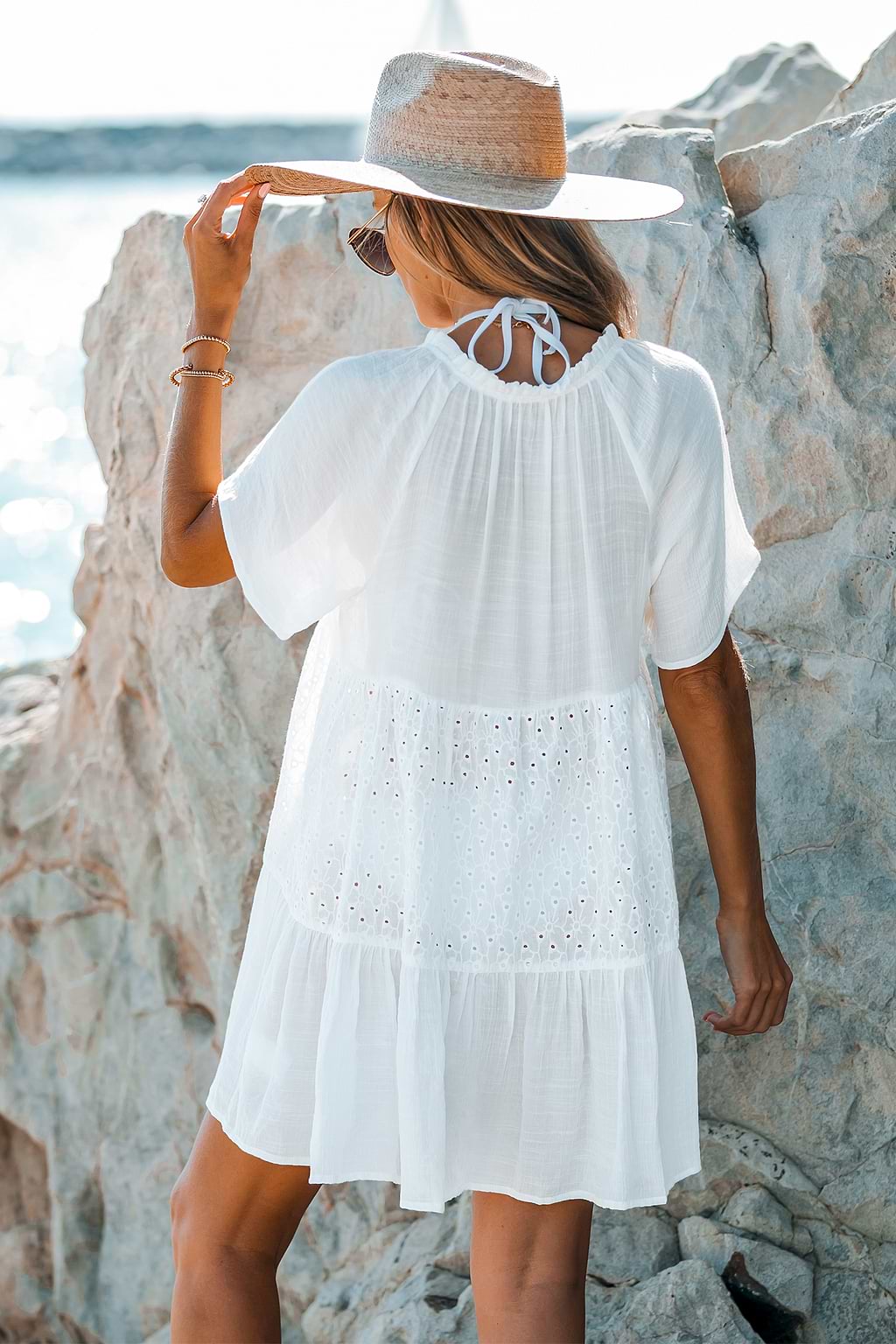 Floral Eyelet Tie Neck Babydoll Dress