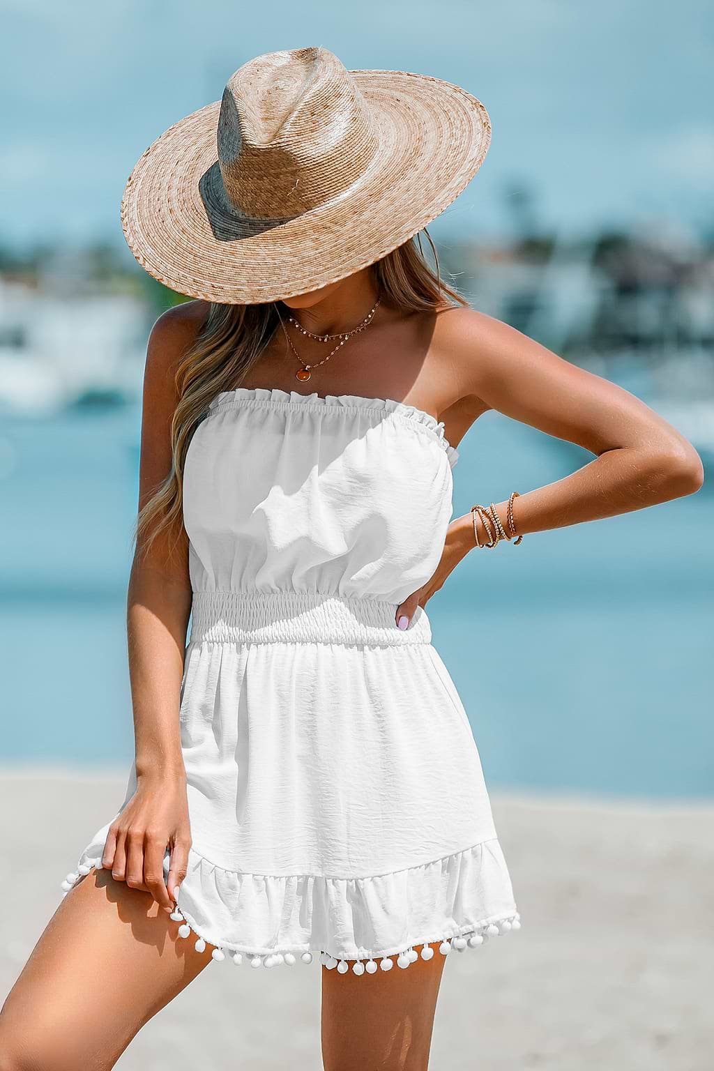 Smocked Pom Pom Cover-Up Tube Dress