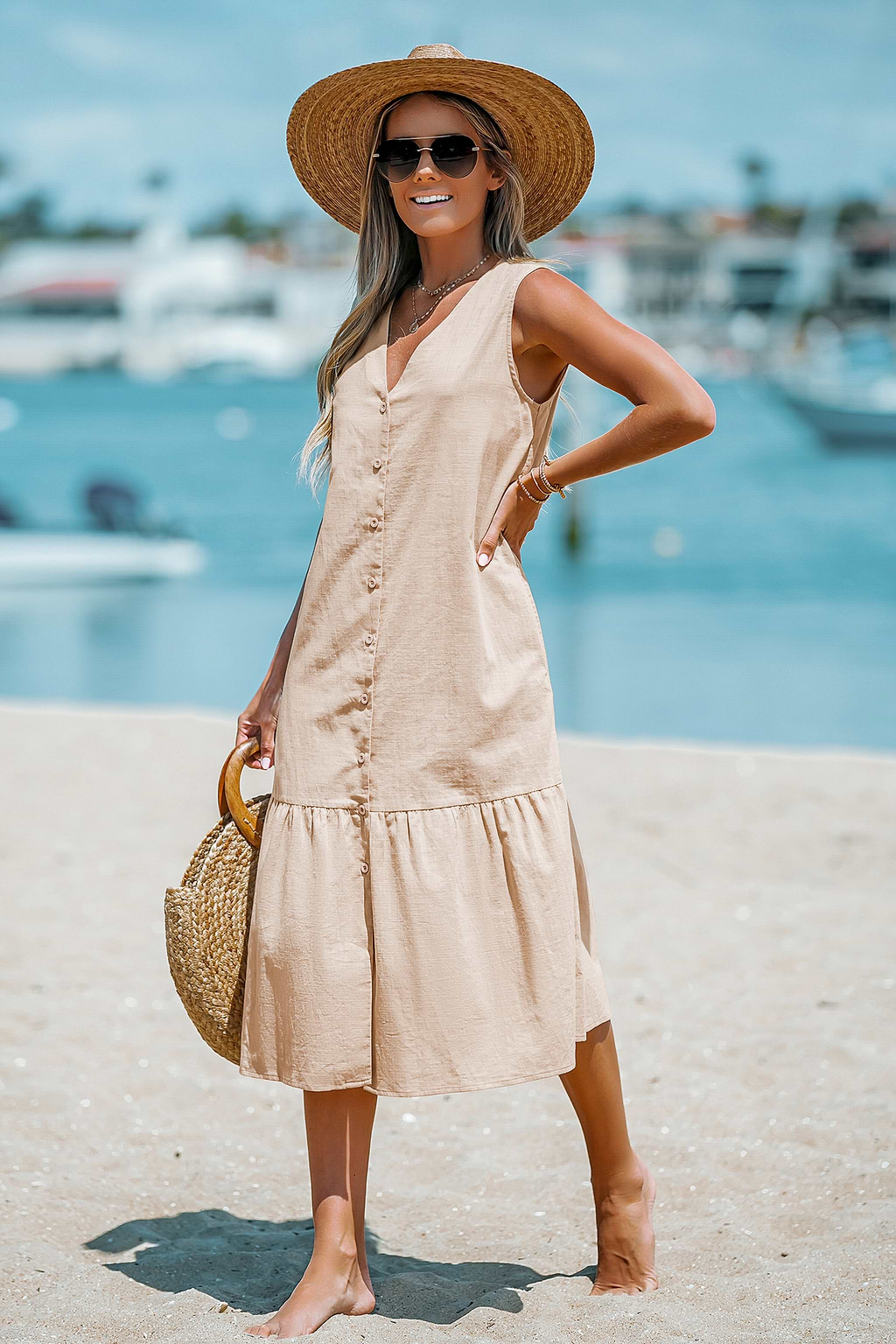 100% katoen Linnen maxi-jurk met v-hals en volants