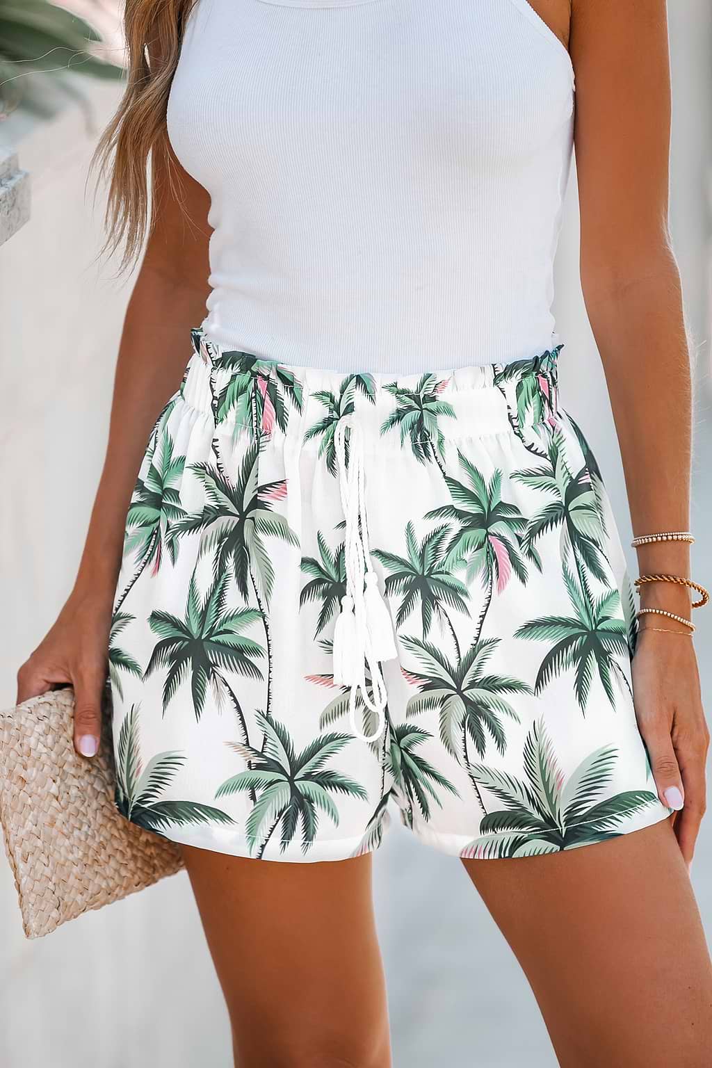 Palm Tree Print Drawstring Shorts