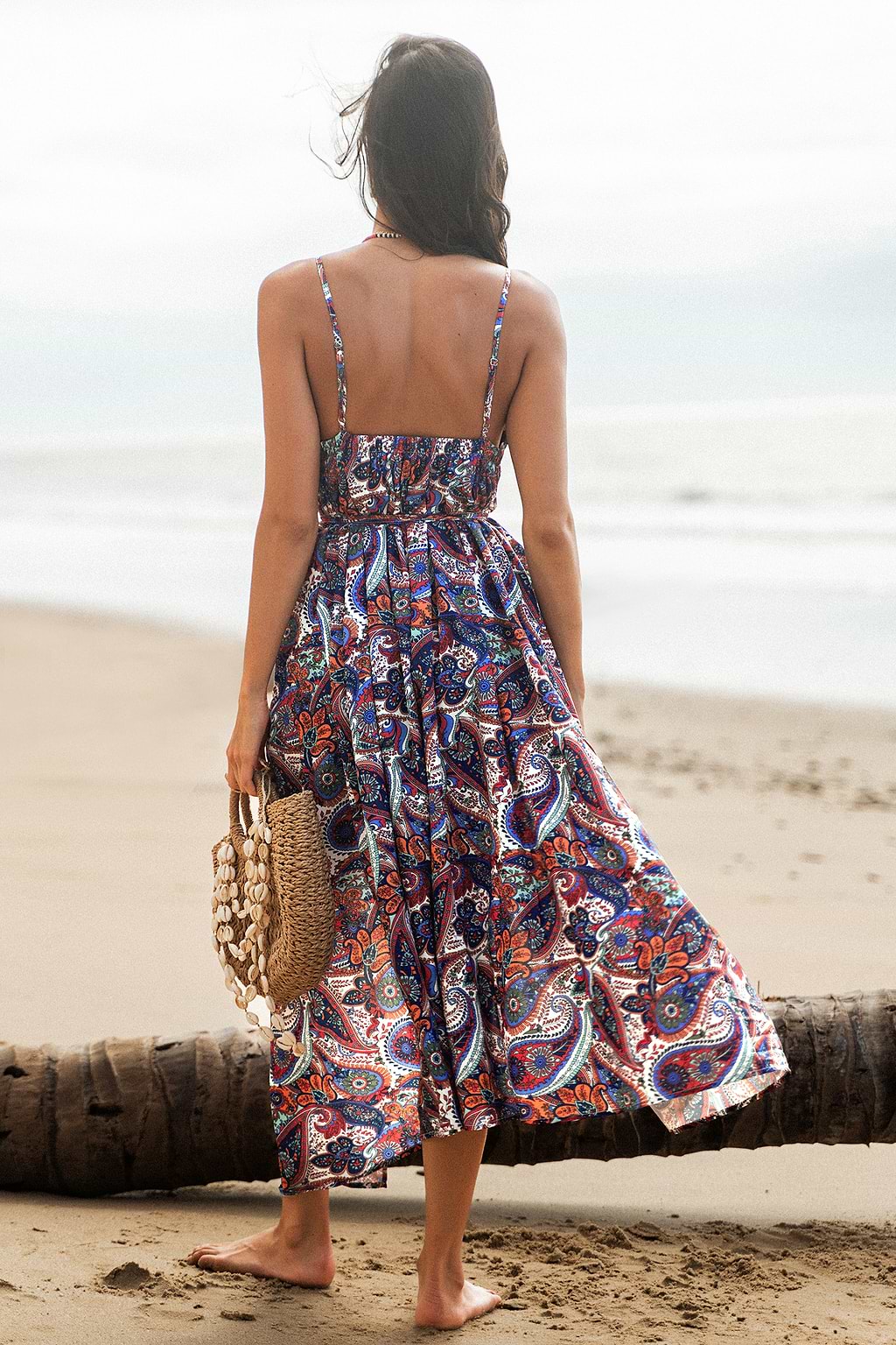 V-Ausschnitt Maxikleid mit Paisley-Print und Gürtel