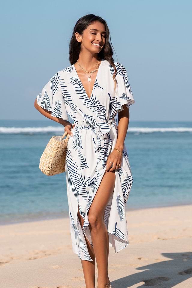 Belted Abstract Leaf Print Midi Dress