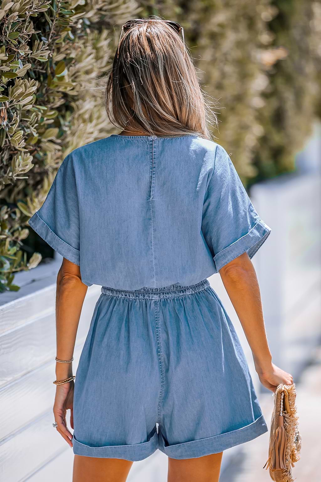 Denim Smocked V-Neck Romper