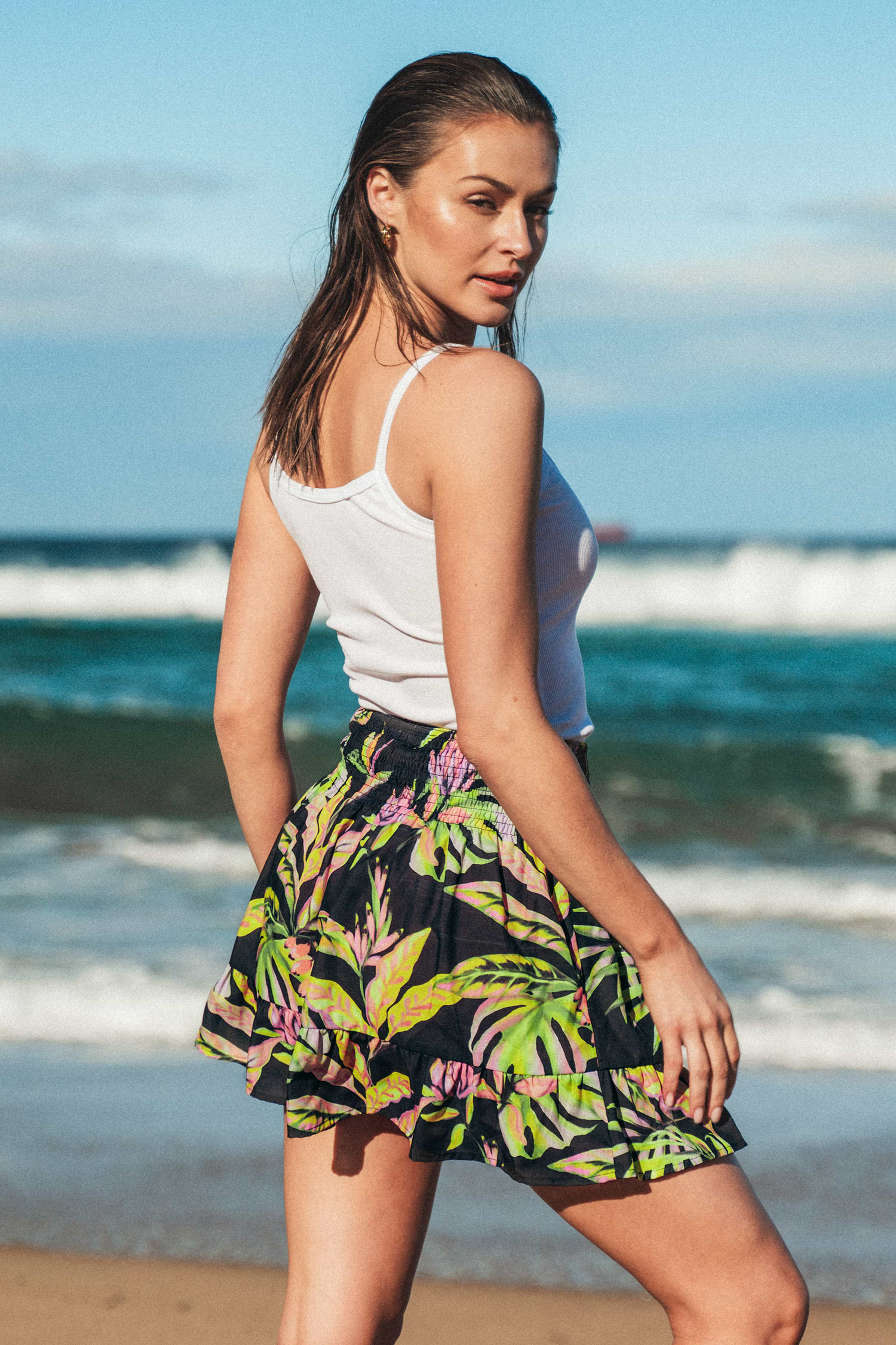 Tropical Leaf Print Smocked Skirt